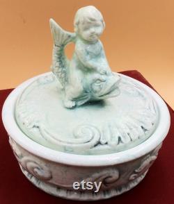 Enesco Cherub Riding Dolphin dresser powder trinket jewelry box with lid. Light blue white marbled porcelain. Vintage 60's. E4066. Japan