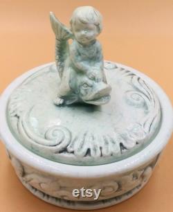 Enesco Cherub Riding Dolphin dresser powder trinket jewelry box with lid. Light blue white marbled porcelain. Vintage 60's. E4066. Japan