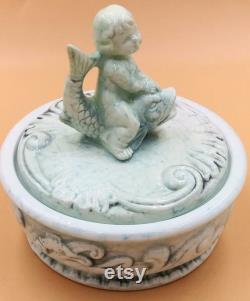 Enesco Cherub Riding Dolphin dresser powder trinket jewelry box with lid. Light blue white marbled porcelain. Vintage 60's. E4066. Japan