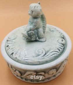 Enesco Cherub Riding Dolphin dresser powder trinket jewelry box with lid. Light blue white marbled porcelain. Vintage 60's. E4066. Japan