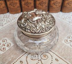 English Silver and Cut Crystal Powder Jar Repousse Birds Scrolls Greenman Sterling 1977