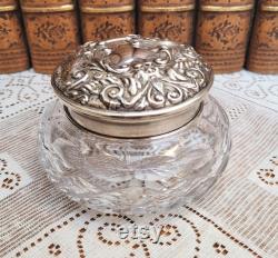 English Silver and Cut Crystal Powder Jar Repousse Birds Scrolls Greenman Sterling 1977