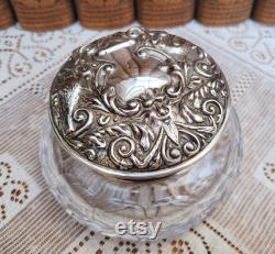 English Silver and Cut Crystal Powder Jar Repousse Birds Scrolls Greenman Sterling 1977