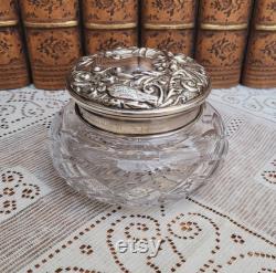 English Silver and Cut Crystal Powder Jar Repousse Birds Scrolls Greenman Sterling 1977