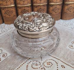 English Silver and Cut Crystal Powder Jar Repousse Birds Scrolls Greenman Sterling 1977