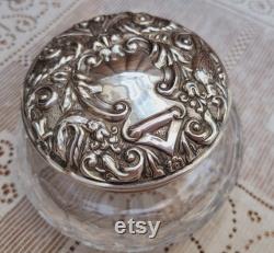 English Silver and Cut Crystal Powder Jar Repousse Birds Scrolls Greenman Sterling 1977