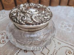 English Silver and Cut Crystal Powder Jar Repousse Birds Scrolls Greenman Sterling 1977