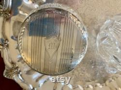 English Sterling Silver Cut Glass Perfume Bottle, Powder Jar, Art Deco 1928 29, Monogram M, Each Sold Separately