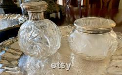 English Sterling Silver Cut Glass Perfume Bottle, Powder Jar, Art Deco 1928 29, Monogram M, Each Sold Separately