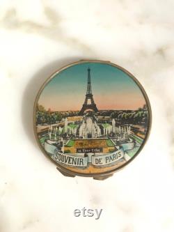 Étui à poudre ancien compact des années 1950, boîte miroir de maquillage, accessoire fran ais souvenir Paris Tour Eiffel