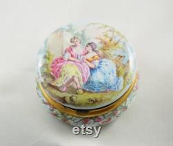 Exquisite Antique Limoges Enamelled Circular Powder Box, Ladies in a Garden, Base with Landscape, Gilt Brass, Mirrored Lid, France 1910s