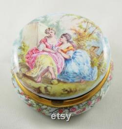 Exquisite Antique Limoges Enamelled Circular Powder Box, Ladies in a Garden, Base with Landscape, Gilt Brass, Mirrored Lid, France 1910s