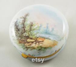 Exquisite Antique Limoges Enamelled Circular Powder Box, Ladies in a Garden, Base with Landscape, Gilt Brass, Mirrored Lid, France 1910s