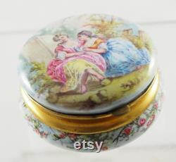 Exquisite Antique Limoges Enamelled Circular Powder Box, Ladies in a Garden, Base with Landscape, Gilt Brass, Mirrored Lid, France 1910s