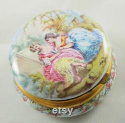 Exquisite Antique Limoges Enamelled Circular Powder Box, Ladies in a Garden, Base with Landscape, Gilt Brass, Mirrored Lid, France 1910s