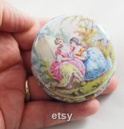 Exquisite Antique Limoges Enamelled Circular Powder Box, Ladies in a Garden, Base with Landscape, Gilt Brass, Mirrored Lid, France 1910s