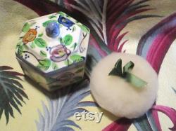 FLAPPER Floral Ceramic Powder Box with Lovely Lamb's Wool Puff 1920s Painted China Vintage Vanity Jar Dressy Dresser Bowl DECO Chic