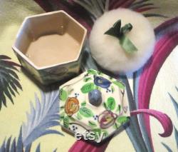 FLAPPER Floral Ceramic Powder Box with Lovely Lamb's Wool Puff 1920s Painted China Vintage Vanity Jar Dressy Dresser Bowl DECO Chic