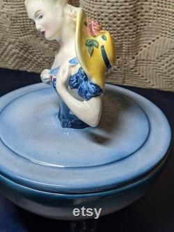FREE SHIPPING- Vintage Goldscheider Pottery Porcelain 825A Powder Box with Ball Feet. Lady with Yellow Hat. See Item Description