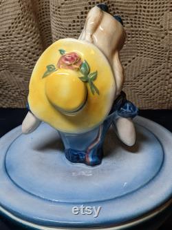FREE SHIPPING- Vintage Goldscheider Pottery Porcelain 825A Powder Box with Ball Feet. Lady with Yellow Hat. See Item Description