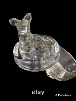 FREE SHIPPING Vtg Clear Glass Terrier Dog Lidded Glass Powfer Vanity Jar