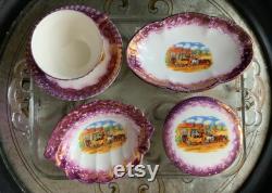 Fabulous 7Pc Grays Pottery Dickens Days Dresser Vanity Set with Vintage Jeanette Glass Harp Design Handled Tray Stoke-On-Trent England