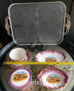 Fabulous 7Pc Grays Pottery Dickens Days Dresser Vanity Set with Vintage Jeanette Glass Harp Design Handled Tray Stoke-On-Trent England