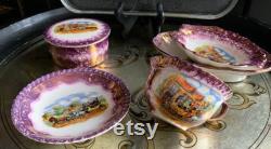 Fabulous 7Pc Grays Pottery Dickens Days Dresser Vanity Set with Vintage Jeanette Glass Harp Design Handled Tray Stoke-On-Trent England