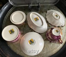 Fabulous 7Pc Grays Pottery Dickens Days Dresser Vanity Set with Vintage Jeanette Glass Harp Design Handled Tray Stoke-On-Trent England