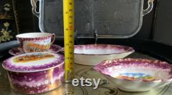 Fabulous 7Pc Grays Pottery Dickens Days Dresser Vanity Set with Vintage Jeanette Glass Harp Design Handled Tray Stoke-On-Trent England