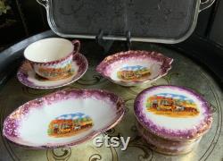 Fabulous 7Pc Grays Pottery Dickens Days Dresser Vanity Set with Vintage Jeanette Glass Harp Design Handled Tray Stoke-On-Trent England