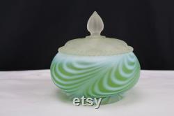 Fenton Art Glass 1953 Green Satin Feather Swirled Powder Box HTF