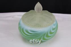 Fenton Art Glass 1953 Green Satin Feather Swirled Powder Box HTF