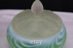 Fenton Art Glass 1953 Green Satin Feather Swirled Powder Box HTF