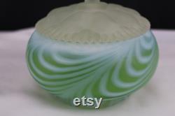 Fenton Art Glass 1953 Green Satin Feather Swirled Powder Box HTF