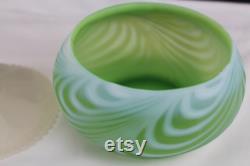 Fenton Art Glass 1953 Green Satin Feather Swirled Powder Box HTF