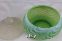 Fenton Art Glass 1953 Green Satin Feather Swirled Powder Box HTF