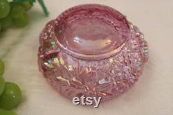 Fenton Art Glass Iridescent Pink Vanity Powder Jar Base in Excellent Condition Raised Floral Design