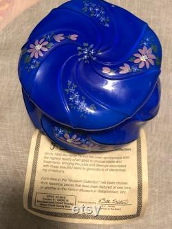 Fenton Blue Overlay floral decorated wavecrest powder box