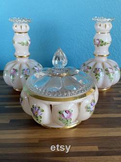Fenton Charleton Hand Painted Melon Puff Glass Vanity Set, Pink with Roses, 3 Pieces, Lidded Powder Box and Two Perfume Bottles Vases, Vintage