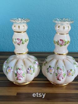 Fenton Charleton Hand Painted Melon Puff Glass Vanity Set, Pink with Roses, 3 Pieces, Lidded Powder Box and Two Perfume Bottles Vases, Vintage