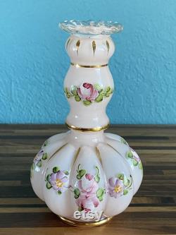 Fenton Charleton Hand Painted Melon Puff Glass Vanity Set, Pink with Roses, 3 Pieces, Lidded Powder Box and Two Perfume Bottles Vases, Vintage