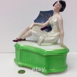 Figural Woman Art Deco Covered Dresser Powder Box Bavaria