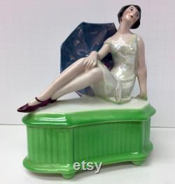 Figural Woman Art Deco Covered Dresser Powder Box Bavaria