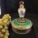 Fostoria Glass Powder or Cosmetic Jar with Scent Bottle Lid Green and Gold Accents