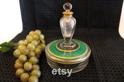Fostoria Glass Powder or Cosmetic Jar with Scent Bottle Lid Green and Gold Accents