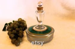 Fostoria Glass Powder or Cosmetic Jar with Scent Bottle Lid Green and Gold Accents