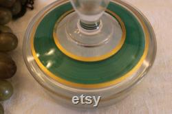 Fostoria Glass Powder or Cosmetic Jar with Scent Bottle Lid Green and Gold Accents