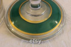 Fostoria Glass Powder or Cosmetic Jar with Scent Bottle Lid Green and Gold Accents
