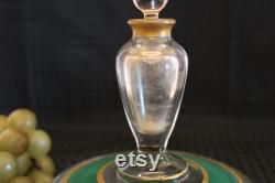 Fostoria Glass Powder or Cosmetic Jar with Scent Bottle Lid Green and Gold Accents